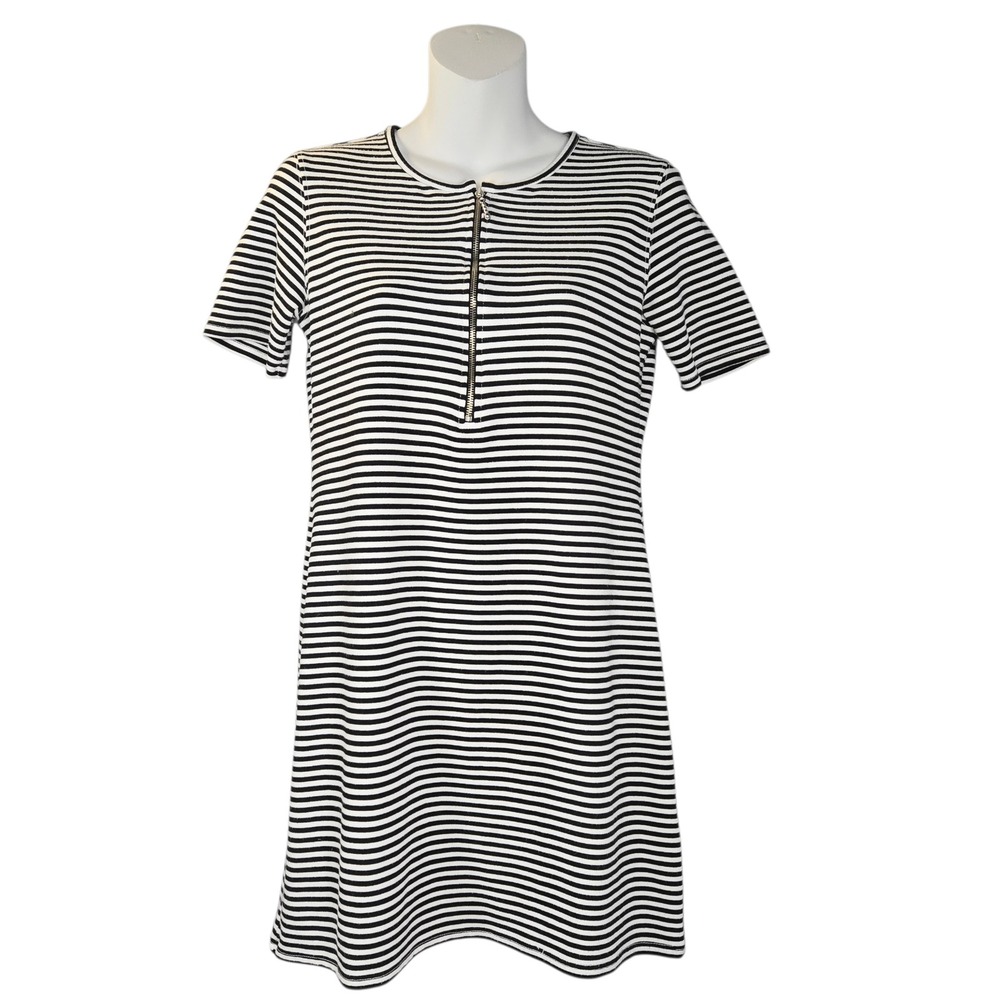 Current Elliott Striped Dress Womens 1 Black White Zip‎ Front Mini Short Sleeve